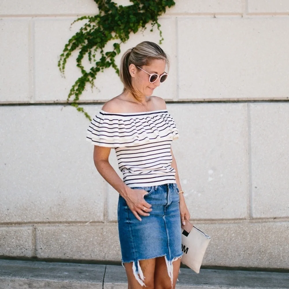 J. Crew Black and White Striped Off-Shoulder Ruffle Knit Top